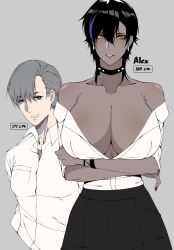 Rule 34 | 1boy, 1girl, alex (cero rains), black hair, blue hair, breasts, cero rains, character name, choker, cleavage, collar, collared shirt, commentary, dark-skinned female, dark skin, earrings, english commentary, grey hair, height difference, highres, huge breasts, jewelry, looking at viewer, medium hair, mole, mole on armpit, mole under eye, multicolored hair, orange eyes, original, shirt, short hair, simple background, smile, spiked choker, spiked collar, spikes, streaked hair, two-tone hair, upper body