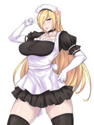Rule 34 | 1girl, anger vein, apron, black beat, black thighhighs, blonde hair, breasts, collarbone, covered erect nipples, earrings, elbow gloves, gloves, hair over one eye, hand on own hip, heart, heart earrings, jewelry, large breasts, long hair, maid, maid apron, maid headdress, original, puffy sleeves, purple eyes, simple background, smile, solo, thighhighs, v over eye, white background, white gloves, zettai ryouiki