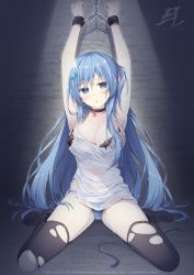 Rule 34 | 1girl, 2016, armpits, arms up, artist name, bdsm, black bra, black thighhighs, blue eyes, blue hair, blue panties, bondage, bound, bound wrists, bra, breasts, cleavage, collar, collarbone, copyright name, emori miku, full body, hair between eyes, hair ornament, heart, highres, indoors, large breasts, liver city, long hair, looking at viewer, miko (royal milk), panties, parted lips, restrained, see-through, shirt, sitting, sleeveless, sleeveless shirt, solo, striped clothes, striped panties, thighhighs, torn clothes, torn shirt, torn thighhighs, underwear, very long hair, wariza, watermark, white panties