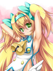 Rule 34 | 1girl, arc system works, armpits, arms up, bell, blazblue, blazblue: continuum shift, blonde hair, green eyes, hairband, heart, heart-shaped pupils, long hair, platinum the trinity, roura, smile, solo, symbol-shaped pupils, twintails, two side up