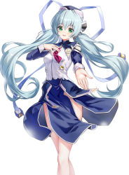 Rule 34 | 1girl, :d, black hat, blue hair, blue ribbon, blue skirt, breasts, commentary request, feet out of frame, green eyes, hair between eyes, hair ribbon, hat, highres, hoshino yumemi, long hair, long sleeves, looking at viewer, necktie, open mouth, outstretched arm, planetarian, red necktie, ribbon, ririko (zhuoyandesailaer), shirt, simple background, skirt, small breasts, smile, solo, standing, very long hair, white background, white shirt