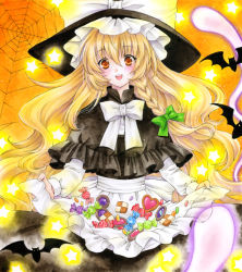 Rule 34 | 1girl, 6kusa, acrylic paint (medium), apron, blonde hair, bow, braid, candy, capelet, female focus, food, hair bow, hat, hat bow, heart, kirisame marisa, long hair, orange eyes, painting (medium), silk, skirt basket, solo, spider web, star (symbol), sweets, touhou, traditional media, witch, witch hat