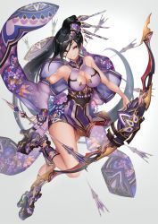 Rule 34 | 1girl, archery, arrow (projectile), black hair, blush, bow, bow (weapon), breasts, cleavage, detached sleeves, floral print, full body, gloves, hair ornament, holding, holding arrow, holding bow (weapon), holding weapon, houchi shoujo, japanese clothes, kimono, kyuudou, long hair, muneate, original, partially fingerless gloves, partly fingerless gloves, platform clogs, platform footwear, ponytail, purple skirt, skirt, smile, solo, take tw01, very long hair, weapon, yellow eyes, yugake