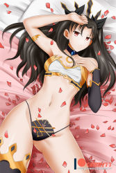 Rule 34 | 1girl, black hair, breasts, cleavage, detached sleeves, fate/grand order, fate (series), gluteal fold, groin, groin tendon, hand on own chest, hand on own forehead, highres, ishtar (fate), ishtar (fate), kimmy77, long hair, lying, medium breasts, navel, on back, patreon username, petals, red eyes, single detached sleeve, single thighhigh, solo, thighhighs, thighs, tohsaka rin, watermark, web address