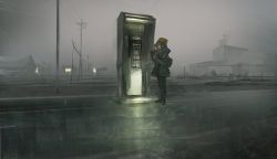 Rule 34 | 1girl, beanie, cable, corded phone, female focus, fog, hat, house, jacket, lm7 (op-center), long sleeves, original, outdoors, pants, phone, phone booth, power lines, road, shoes, sky, solo, talking on phone