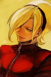 Rule 34 | 1boy, ash crimson, blonde hair, blue eyes, hair over one eye, hairband, hungry clicker, jacket, male focus, portrait, simple background, smile, snk, solo, the king of fighters, upper body, zipper