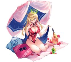 Rule 34 | artist request, blonde hair, blush, breasts, cleavage, dainsleif (phantom of the kill), earrings, green eyes, green nails, hair between eyes, highres, jewelry, large breasts, nail polish, one-piece swimsuit, open mouth, phantom of the kill, red one-piece swimsuit, solo, stud earrings, swimsuit, transparent background