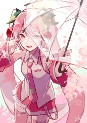 Rule 34 | 1girl, absurdres, bare shoulders, cherry blossoms, cherry hair ornament, collarbone, commentary, contrapposto, cowboy shot, detached sleeves, falling petals, flower, food-themed hair ornament, foreshortening, hair ornament, hand in own hair, hands up, hatsune miku, highres, holding, holding umbrella, leaning forward, long hair, looking at viewer, mikuni144, miniskirt, necktie, open mouth, outstretched arm, petals, pink eyes, pink flower, pink hair, pink nails, pink necktie, pink skirt, pink sleeves, pink theme, pink thighhighs, pleated skirt, sakura miku, shirt, signature, skirt, sleeveless, sleeveless shirt, smile, smiley face, solo, standing, thighhighs, transparent, transparent umbrella, twintails, umbrella, very long hair, vocaloid, zettai ryouiki