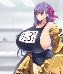 Rule 34 | 1girl, black background, breasts, claw (weapon), claws, cleavage, commentary request, dekapaiyukari, fate/extra, fate/extra ccc, fate (series), gigantic breasts, hair ribbon, highres, kloah, long hair, one-piece swimsuit, passionlip (fate), pink ribbon, purple eyes, purple hair, ribbon, school swimsuit, solo, swimsuit, very long hair, weapon