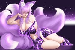 Rule 34 | :p, absurdres, animal ear fluff, animal ears, blue eyes, breasts, crystal dress, dress, fox ears, fox girl, fox tail, hair over one eye, highres, kurona reole, large breasts, looking at viewer, multiple tails, purple dress, purple hair, simple background, sparkle, sparkle background, stomach, tail, takie arts, thick thighs, thighs, tongue, tongue out
