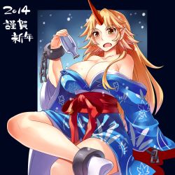 Rule 34 | 10s, 1girl, 2014, abe ranzu, alcohol, anklet, blonde hair, breasts, chain, cleavage, fang, highres, horns, hoshiguma yuugi, hoshiguma yuugi (kimono), huge breasts, japanese clothes, jewelry, kimono, long hair, new year, obi, open mouth, red eyes, sake, sash, single horn, snowflakes, socks, solo, tokkuri, touhou
