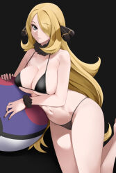 Rule 34 | 1girl, alternate costume, ball, bare shoulders, bikini, black bikini, blonde hair, blue eyes, blush, breasts, cleavage, closed mouth, collarbone, covered erect nipples, cowboy shot, creatures (company), cynthia (pokemon), eyelashes, fur collar, game freak, groin, hair ornament, hair over one eye, highres, large breasts, long hair, looking at viewer, nail polish, navel, nintendo, noir (4chan), parted lips, poke ball, pokemon, pokemon dppt, simple background, smile, solo, stomach, string bikini, swimsuit, thighs, very long hair