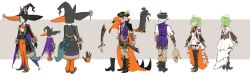 Rule 34 | 1girl, 2boys, absurdres, alternate costume, animal ear fluff, animal ears, ascot, black coat, black gloves, black hair, black shorts, cape, coat, collei (genshin impact), commentary, concept art, cyno (genshin impact), dress, earrings, fishnet thighhighs, fishnets, fox boy, fox ears, fox tail, genshin impact, gloves, gradient eyes, green eyes, green hair, halloween, halloween costume, hat, highres, jewelry, multicolored clothes, multicolored eyes, multicolored gloves, multicolored hair, multiple boys, nurse, nurse cap, orange ascot, orange cape, orange gloves, orange pants, pants, pink eyes, pirate hat, purple cape, purple vest, red eyes, shiozawahoushou, shorts, simple background, single earring, sword, tail, thighhighs, tighnari (genshin impact), vest, weapon, white dress, witch hat