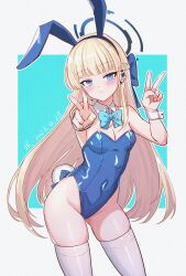 Rule 34 | 1girl, absurdres, animal ears, aqua bow, aqua bowtie, back bow, banhuaaidie, bare shoulders, blonde hair, blue archive, blue bow, blue eyes, blue hairband, blue halo, blue leotard, blunt bangs, blush, bow, bowtie, braid, breasts, chinese commentary, cleavage, closed mouth, commentary request, contrapposto, covered navel, cowboy shot, dated, detached collar, double v, earpiece, expressionless, fake animal ears, fake tail, groin, hair bow, hairband, halo, highres, leotard, long hair, looking at viewer, medium breasts, microphone, official alternate costume, outline, playboy bunny, rabbit ears, rabbit tail, simple background, skin tight, skindentation, solo, split mouth, strapless, strapless leotard, tail, thighhighs, toki (blue archive), toki (bunny) (blue archive), v, very long hair, white outline, white tail, white thighhighs, wrist cuffs