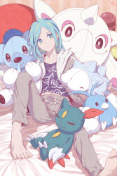 Rule 34 | 1boy, bed, blue hair, cetoddle, closed mouth, creatures (company), cubchoo, feet, game freak, gen 2 pokemon, gen 3 pokemon, gen 5 pokemon, gen 8 pokemon, grusha (pokemon), highres, jacket, min (myna8247), nintendo, open clothes, open jacket, pants, pokemon, pokemon (creature), pokemon sv, sitting, sneasel, snom, solo, stuffed toy, swablu