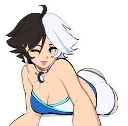 1girl ass black_hair blue_eyes breasts choker earrings highres jewelry looking_at_viewer luna_snow marvel marvel_rivals midriff multicolored_hair one_eye_closed selvish94 short_hair shorts solo split-color_hair two-tone_hair white_hair