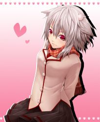Rule 34 | 1girl, alternate costume, animal ears, arms behind back, contemporary, female focus, hair ornament, icf, inubashiri momiji, mazuka kei, no headwear, red eyes, scarf, short hair, silver hair, simple background, solo, tail, touhou, wolf ears, wolf tail