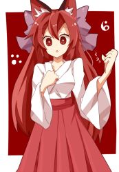 Rule 34 | 1girl, alternate costume, alternate hairstyle, animal ears, bad id, bad pixiv id, bow, cat ears, cat girl, female focus, hair bow, japanese clothes, kaenbyou rin, kuromari (runia), long hair, long sleeves, miko, open mouth, paw print, red eyes, red hair, shirt, skirt, solo, touhou, wide sleeves