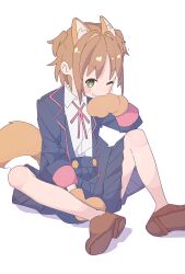 Rule 34 | + +, 1girl, ;), animal ear fluff, animal ears, animal hands, bare legs, black jacket, black skirt, blush stickers, brown footwear, brown hair, commentary, dog ears, dog girl, dog tail, extra ears, fang, fang out, gloves, green eyes, highres, jacket, kemonomimi mode, looking at viewer, neck ribbon, oka asahi, one eye closed, onii-chan wa oshimai!, open clothes, open jacket, paw gloves, pleated skirt, ranirani (syohousen8), red ribbon, ribbon, shirt, shoes, short hair, simple background, sitting, skirt, smile, solo, suspender skirt, suspenders, tail, two side up, white background, white shirt