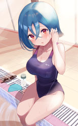 Rule 34 | 1girl, absurdres, backlighting, black one-piece swimsuit, blue hair, blue one-piece swimsuit, breasts, collarbone, commentary request, competition swimsuit, crossed bangs, goggles, unworn goggles, hair between eyes, head tilt, highres, large breasts, legs together, looking at viewer, love live!, love live! superstar!!, one-piece swimsuit, parted bangs, poolside, red eyes, short hair, sitting, solo, unworn swim cap, swimsuit, thighs, wakana shiki, wasawasabidayo, wide hips