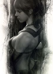 Rule 34 | 1girl, bad id, bad tumblr id, bikini, breasts, elbow gloves, from side, gloves, greyscale, highres, medium breasts, metal gear (series), metal gear solid v: the phantom pain, monochrome, ponytail, quiet (metal gear), sideboob, solo, stanley lau, swimsuit