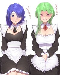 Rule 34 | 2girls, absurdres, adomiwan, alternate costume, anger vein, aoi (adomiwan), apron, blue eyes, blue hair, breasts, cleavage, detached collar, enmaided, eyes visible through hair, false smile, frilled apron, frills, green hair, hair over one eye, highres, long hair, long sleeves, looking at another, looking to the side, maid, maid apron, medium breasts, medium hair, midori (adomiwan), multiple girls, original, own hands together, pink eyes, shaded face, signature, simple background, smile, two-tone dress, waist apron, white apron, white background