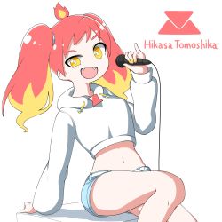 Rule 34 | 1girl, ahoge, character name, english text, fangs, highres, hikasa tomoshika, holding, microphone, midriff, multicolored hair, nail polish, navel, open mouth, shorts, sitting, solo, twintails, voms