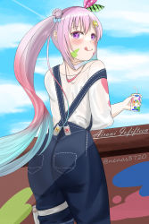 Rule 34 | 1girl, :3, airani iofifteen, ass, blue hair, blue overalls, bow, from behind, gradient hair, hair bow, hair bun, highres, hololive, hololive indonesia, light blue hair, long hair, looking at viewer, looking back, multicolored bow, multicolored hair, nenas3720, overalls, paint on clothes, paint splatter, paint splatter on face, paintbrush, palette hair ornament, purple eyes, purple hair, shirt, single bare shoulder, solo, tongue, tongue out, very long hair, virtual youtuber, white background, white shirt