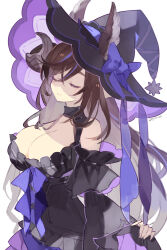 Rule 34 | 1girl, alternate costume, black dress, bow, breasts, brown hair, brown horns, cleavage, closed eyes, clothes lift, commentary, cyenmi3, dress, extra ears, galleon (granblue fantasy), granblue fantasy, hat, hat bow, hat ribbon, highres, horns, large breasts, long hair, multicolored hair, purple bow, purple hair, ribbon, skirt, skirt lift, solo, streaked hair, witch hat