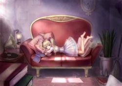 Rule 34 | 1girl, animal-shaped pillow, anklet, antique phone, bad id, bad pixiv id, barefoot, blonde hair, book, book stack, bottle, bow, broom, clock, corset, couch, dress, earrings, feet, green eyes, hair bow, highres, jewelry, lantern, legs, long hair, lying, hugging object, on stomach, original, phone, phonograph, picture frame, pillow, pillow hug, plant, pointy ears, potted plant, red upholstery, rotary phone, rug, solo, twintails, tyun, white dress, window