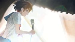 Rule 34 | 1girl, absurdres, banishment, blue skirt, brown eyes, brown hair, commentary request, curtains, dutch angle, from side, highres, holding, holding microphone stand, lens flare, microphone, microphone stand, music, open mouth, original, school uniform, serafuku, short hair, short sleeves, singing, skirt, sunlight
