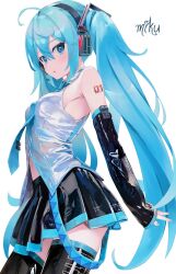 Rule 34 | 1girl, :o, ahoge, aqua eyes, aqua hair, aqua nails, aqua necktie, arms at sides, arms behind back, bare shoulders, black skirt, black sleeves, blush, breasts, character name, collared shirt, cowboy shot, detached sleeves, from side, grey shirt, hair between eyes, hatsune miku, headphones, headset, highres, long hair, looking at viewer, medium breasts, microphone, midriff peek, necktie, open mouth, partially unbuttoned, shiny clothes, shirt, sideboob, sidelocks, sideways glance, simple background, skirt, sleeveless, sleeveless shirt, solo, takepon1123, thighhighs, twintails, very long hair, vocaloid, white background, zettai ryouiki