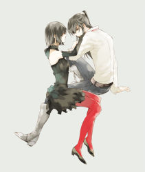 Rule 34 | 1boy, 1girl, arm support, bad id, bad pixiv id, bare shoulders, belt, black dress, black eyes, black gloves, black hair, boots, couple, d.gray-man, dress, elbow gloves, gloves, grey background, hand on another&#039;s face, hand on own face, hetero, kanda yuu, lenalee lee, long hair, pantyhose, ponytail, red pantyhose, short hair, simple background, sitting, yone (kaguudou)