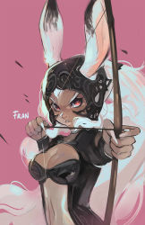 Rule 34 | 00s, 1girl, aiming, alpaca carlesi, animal ears, armor, arrow (projectile), bow (weapon), breasts, rabbit ears, center opening, character name, cleavage, dark-skinned female, dark skin, drawing bow, ears through headwear, artistic error, eyebrows, final fantasy, final fantasy xii, fingernails, fran (ff12), holding bow (weapon), lips, long fingernails, long hair, medium breasts, pink background, ponytail, red eyes, serious, sharp fingernails, solo, viera, weapon, white hair