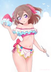 Rule 34 | 1girl, :q, apron, back bow, bare shoulders, bikini, blue sky, boh stick, bow, bowl, bowtie, brown hair, closed mouth, cloud, cloudy sky, commentary, cowboy shot, day, delicious party precure, food, frilled bikini, frills, groin, hair ribbon, highres, holding, holding bowl, holding spoon, licking lips, looking at viewer, medium hair, nagomi yui, navel, off-shoulder bikini, off shoulder, outdoors, pink bikini, pink bow, pink bowtie, pink ribbon, precure, purple eyes, ribbon, shaved ice, side-tie bikini bottom, sky, smile, solo, spoon, standing, swimsuit, tongue, tongue out, twitter username, two side up, waist apron