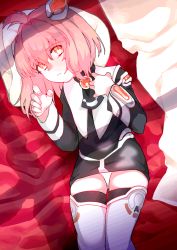 Rule 34 | 1girl, ahoge, bed, closed mouth, dress, highres, looking at viewer, lying, m.o.m.o., minimaki, on back, panties, pink hair, short hair, skirt, solo, thighhighs, underwear, xenosaga, yellow eyes