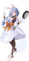 Rule 34 | 1girl, absurdres, animal ear fluff, animal ears, animal slippers, bare shoulders, black bodysuit, blue hair, bodysuit, bow, braid, braided ponytail, breasts, brown pantyhose, bunny slippers, carrot in pocket, chopsticks, detached sleeves, dress, frying pan, hair bow, highres, holding, holding chopsticks, holding frying pan, hololive, housewife, large breasts, long hair, long sleeves, looking at viewer, maison de cante, mature female, open mouth, orange bow, pantyhose, pekomama, pinafore dress, rabbit-shaped pupils, rabbit ears, rabbit girl, rabbit tail, red eyes, short eyebrows, simple background, sleeveless, sleeveless dress, slippers, smile, solo, symbol-shaped pupils, tail, thick eyebrows, virtual youtuber, white background, white bow, white dress, white hair
