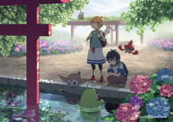 Rule 34 | 2boys, alternate hair color, bench, bush, closed mouth, cocoloco, commentary request, creatures (company), crossed arms, cutiefly, day, dual persona, elio (pokemon), flower, game freak, gen 1 pokemon, gen 2 pokemon, gen 4 pokemon, gen 7 pokemon, goldeen, holding strap, looking down, looking up, multiple boys, nintendo, outdoors, pokemon, pokemon (creature), pokemon sm, pokemon usum, politoed, rotom, rotom dex, rowlet, shirt, short sleeves, shorts, smile, squatting, water