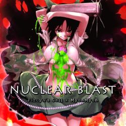 Rule 34 | 1girl, album cover, arm cannon, arms up, black hair, black wings, breasts, buriki, cover, female focus, gun, hair ribbon, large breasts, open clothes, radioactive, red eyes, reiuji utsuho, ribbon, short hair, skirt, skull, slime (substance), solo, torn clothes, touhou, underboob, weapon, wings