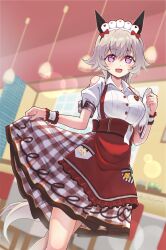 Rule 34 | 1girl, :d, alfatyomo, animal ears, apron, bow, breasts, clothes lift, clothing cutout, cosplay, curren chan (umamusume), dress, dress lift, ear covers, grey hair, heart on chest, highres, horse ears, horse girl, ines fujin (melty gift) (umamusume), ines fujin (umamusume), ines fujin (umamusume) (cosplay), lifted by self, looking at viewer, maid headdress, medium breasts, open mouth, purple eyes, red apron, red bow, shirt, short hair, short sleeves, shoulder cutout, smile, solo, umamusume, waitress, white shirt