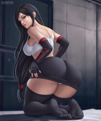 Rule 34 | 1girl, ass, bed, black hair, black skirt, breasts, brown eyes, butt crack, earrings, elbow gloves, final fantasy, final fantasy vii, flowerxl, full body, gloves, hair ornament, hands on own hips, huge ass, jewelry, kneeling, large breasts, long hair, looking at viewer, on bed, panties, shirt, skirt, solo, thick thighs, thighhighs, thighs, tifa lockhart, underwear, white panties, white shirt, white skirt, wide hips