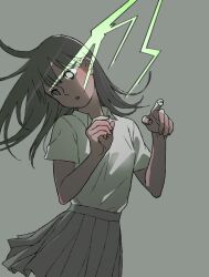 Rule 34 | 1girl, bare arms, collared shirt, cowboy shot, electrocution, floating hair, grey background, hands up, lightning, long hair, looking away, miniskirt, muted color, original, parted lips, pleated skirt, pointing, shirt, shirt tucked in, shokugyo, short sleeves, simple background, skirt, solo, white shirt