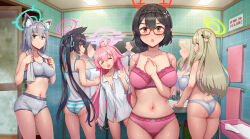 Rule 34 | 1boy, 5girls, abubu, animal ears, ass, ayane (blue archive), bathroom, black hair, blue archive, blue archive the animation, blush, bra, breasts, closed eyes, collarbone, cowboy shot, curvy, fox ears, from behind, glasses, grey hair, halo, highres, hoshino (blue archive), indoors, large breasts, looking at viewer, looking back, medium breasts, multiple girls, navel, nonomi (blue archive), open mouth, panties, pink bra, pink hair, pink panties, sensei (blue archive), serika (blue archive), shiroko (blue archive), shirt, short hair, small breasts, smile, sports bra, sportswear, standing, striped clothes, striped panties, towel, towel around neck, twintails, underwear, white bra, white panties, white shirt