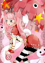 Rule 34 | 1girl, :p, ass, black stripes, cape, capelet, crown, female focus, ghost, long hair, long sleeves, one piece, pantyhose, parasol, patterned legwear, perona, pink hair, red cape, red skirt, shirt, short cape, skirt, solo, striped clothes, striped pantyhose, tongue, tongue out, twintails, two-tone stripes, umbrella, white shirt, white stripes
