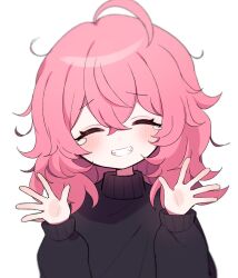 Rule 34 | 1girl, ^ ^, ahoge, alice (clarevoir), aliceyawnin, black sweater, blush, closed eyes, commentary, double-parted bangs, english commentary, facing viewer, grin, hair between eyes, hands up, highres, long hair, long sleeves, open hands, original, pink hair, simple background, smile, solo, sweater, tears, teeth, upper body, white background