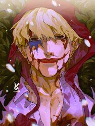 Rule 34 | 1boy, blonde hair, blood, blood on clothes, blood on face, coat, collared shirt, death, donquixote rocinante, empty eyes, from above, highres, lying, makeup, male focus, on back, one piece, pectoral cleavage, pectorals, pink shirt, red eyes, shirt, short hair, snowing, solo, upper body, vasan5555