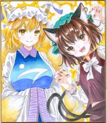 Rule 34 | 2girls, :d, animal ears, blonde hair, breasts, brown eyes, brown hair, cat ears, cat tail, chen, claw pose, fox ears, fox tail, gold trim, hajike akira, hat, large breasts, looking at viewer, mob cap, multiple girls, multiple tails, nail polish, nekomata, open mouth, red nails, short hair, smile, tabard, tail, touhou, two tails, yakumo ran, yellow eyes