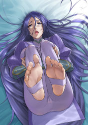 Rule 34 | 1girl, barefoot, blush, breasts, fate/grand order, fate (series), feet, female focus, foot focus, foreshortening, from above, full body, hair between eyes, knees to chest, large breasts, legs up, long hair, looking at viewer, lying, minamoto no raikou (fate), nail polish, open mouth, purple eyes, purple hair, servant (fate), soles, solo, stirrup legwear, toeless legwear, toenail polish, toenails, toes, very long hair, yonoki