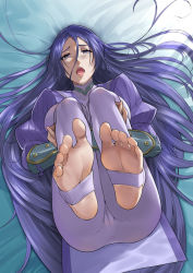 1girl barefoot blush breasts fate/grand_order fate_(series) feet female_focus foot_focus foreshortening from_above full_body hair_between_eyes knees_to_chest large_breasts legs_up long_hair looking_at_viewer lying minamoto_no_raikou_(fate) nail_polish open_mouth purple_eyes purple_hair servant_(fate) soles solo stirrup_legwear toeless_legwear toenail_polish toenails toes very_long_hair yonoki