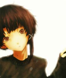 Rule 34 | 1girl, backlighting, black sweater, blurry, brown eyes, brown hair, closed mouth, commentary, expressionless, eyelashes, hair ornament, hand up, head tilt, highres, iwakura lain, light particles, long sleeves, looking at viewer, medium bangs, medium hair, negative space, ranm12s, serial experiments lain, simple background, single sidelock, sleeves past wrists, solo, straight-on, sweater, upper body, white background, x hair ornament